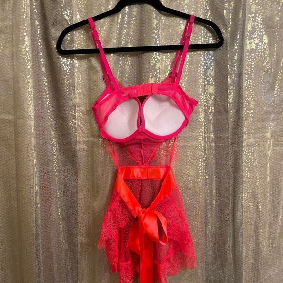 Victoria’s Secret Neon Hot Pink Polka Dot Push Up Babydoll Lingerie, 36C NWOT - Picture 3 of 10